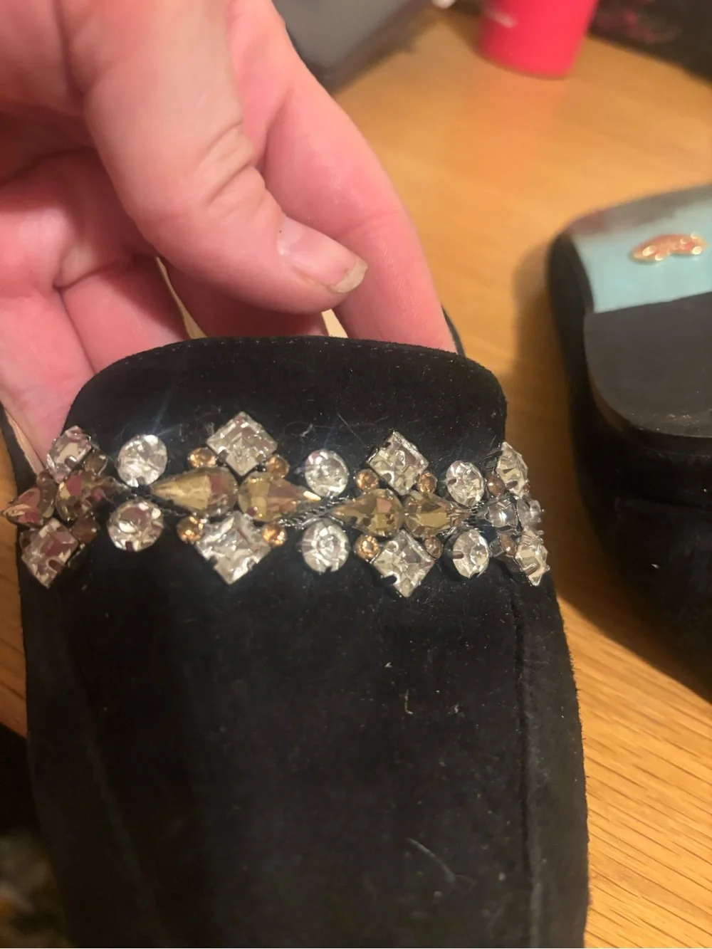 Betsey Johnson Black Pointed-Toe Flats with Crystal Embellishment